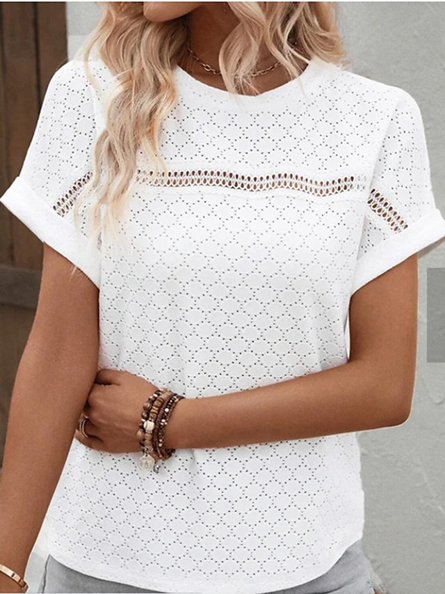  Lace Shirt T shirt Tee Eyelet top White Lace Shirt Women's White Plain Cut Out Daily Fashion Round Neck Regular Fit S