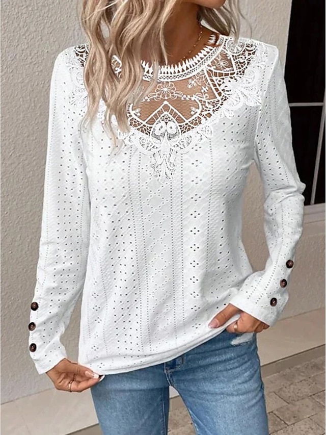  Camicia Camicia in pizzo Blusa Occhiello in alto Per donna Bianco Liscio Pizzo Collage Informale Di tendenza Rotonda Standard S