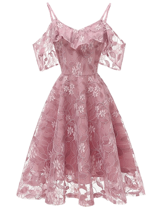  Γυναικεία Φόρεμα Φόρεμα για πάρτυ Κοκτέιλ Φόρεμα Δίχτυ Δαντέλα Κουρελού Κοντομάνικο Μίντι φόρεμα Κομψό Ανθισμένο Ροζ Μπορντώ Καλοκαίρι Άνοιξη