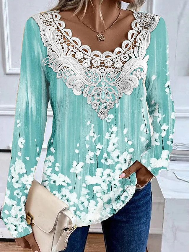 Women's Blouse Tunic Lace Splicing V Neck Long Sleeve Floral Lace Patchwork Print Regular Tops Round Neck Casual Purple Green Khaki Spring & Fall Prefall4