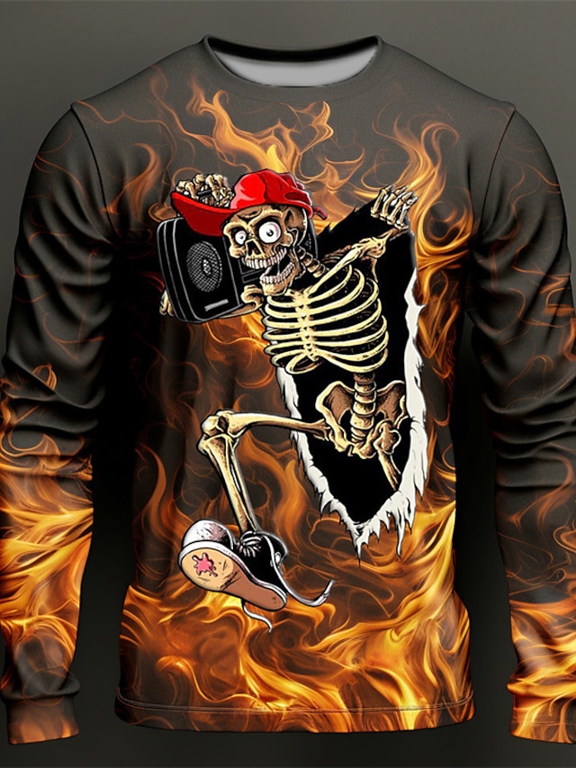  карнавал графика пламя скелет модельер повседневная мужская футболка с 3d принтом футболка спорт на открытом воздухе праздник выход футболка красный фиолетовый оранжевый с длинным рукавом рубашка с