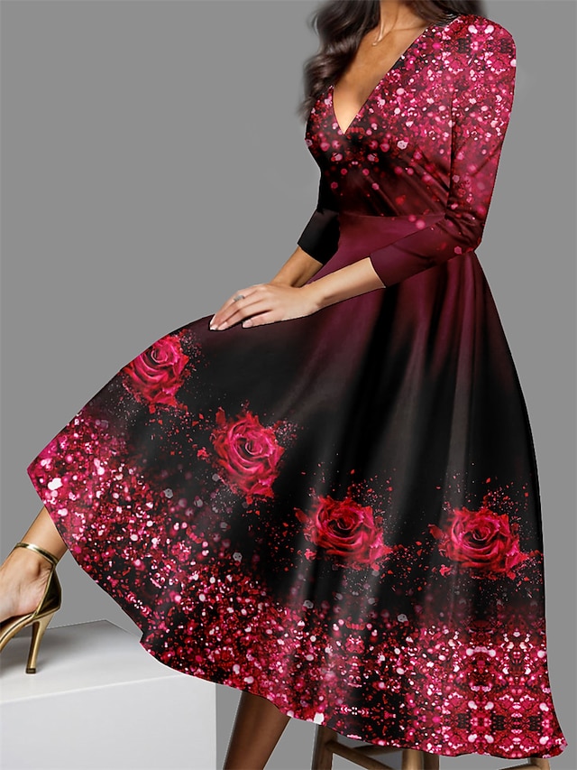 Ystävänpäivän naisten midi-mekko rento mekko talvimekko keinutuskankaat puoliformaali mekko katumuoti A-linjan muodollinen loma juhlat säännöllinen istuvuus kukka 3/4 pituinen hiha v-pääntie