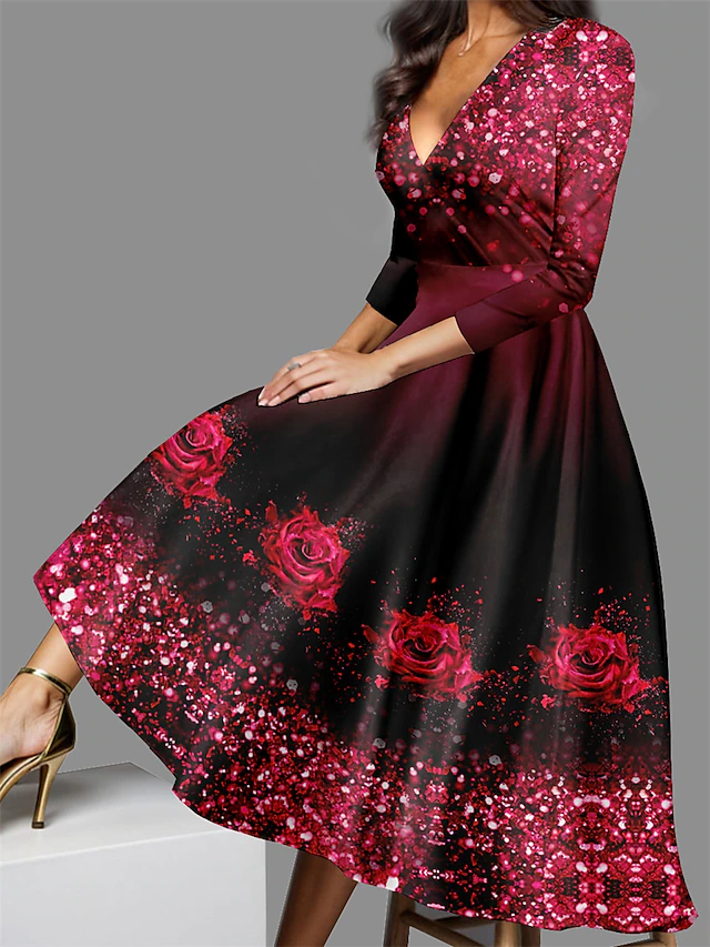 Valentine's Day Women's Midi Dress Casual Dress Winter Dress Swing Dress Semi Formal Dress Streetwear A Line Formal Vacation Party Regular Fit Floral 3/4 Length Sleeve V Neck Yellow Red Blue Purple 6