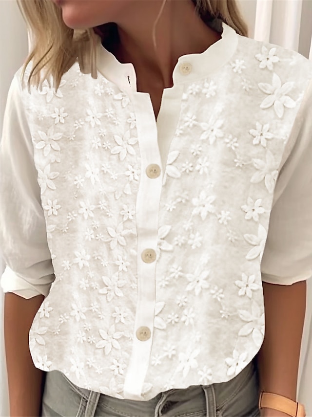  Women's Cotton Linen Shirt Blouse Embroidered White 3/4 Length Sleeve Button-Down Elegant Casual Elegant Top Summer Spring