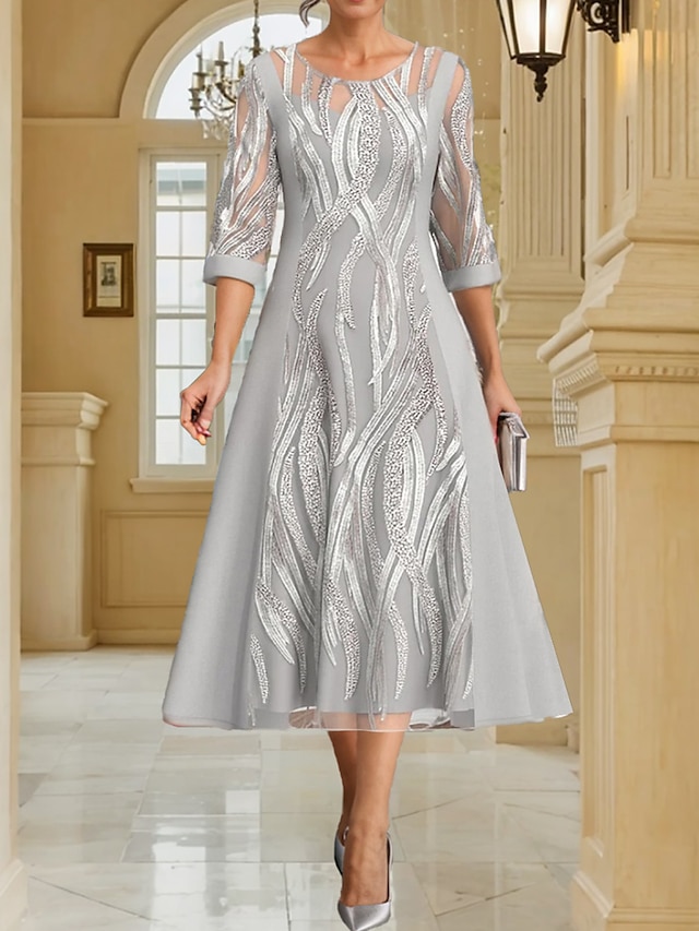  Γυναικεία Φόρεμα Φόρεμα για πάρτυ Κοκτέιλ Φόρεμα Δαντέλα Κουρελού Στρογγυλή Ψηλή Λαιμόκοψη 3/4 Μήκος Μανικιού Μίντι φόρεμα Γραφείο Χριστούγεννα Ασημί Άνοιξη Χειμώνας