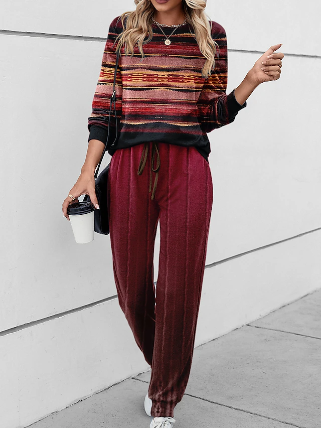 Women's 2 Pieces Sweatshirt Tracksuits Sports Daily Tracksuit Pants Sets Joggers Pants Trousers Long Sleeve Round Neck Striped Drawstring Print Outdoor Casual Red Blue Green 5