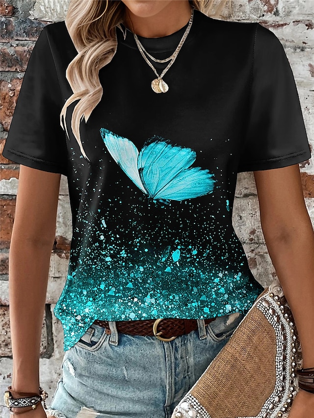  Femme T shirt Tee Papillon Imprimer du quotidien Fin de semaine Mode Manche Courte Col Rond Bleu Eté
