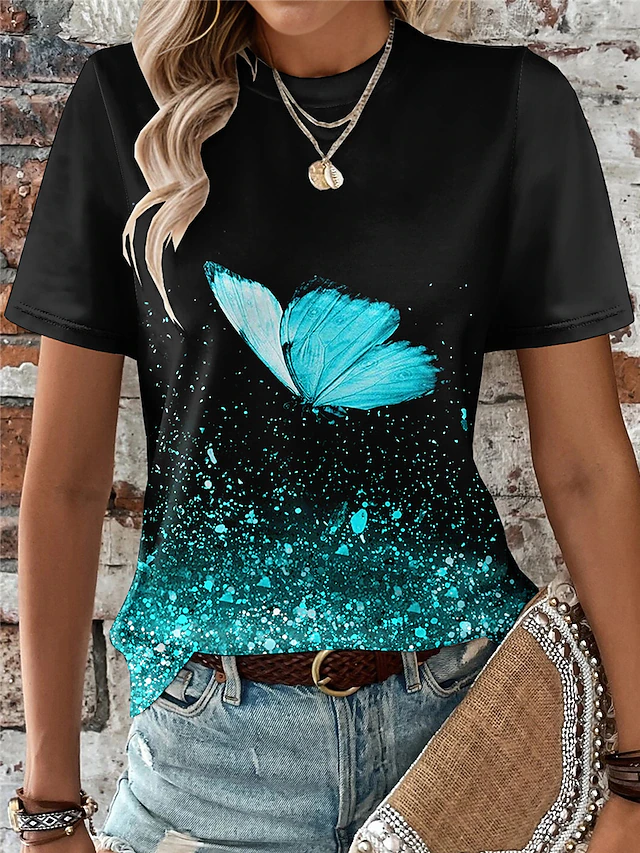 Women's T Shirt Butterfly Fashion Short Sleeve Round Neck Regular Tops Daily Weekend Print Blue Purple Fuchsia Light Blue Summer 5