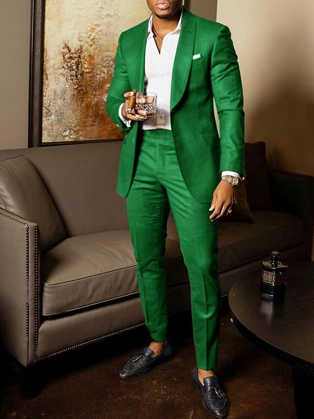 Men's Wedding Party Evening Wear Suits Shawl Collar Green Army Green Daily Business Solid Colored Plus Size 2 Piece Single Breasted Two-buttons4