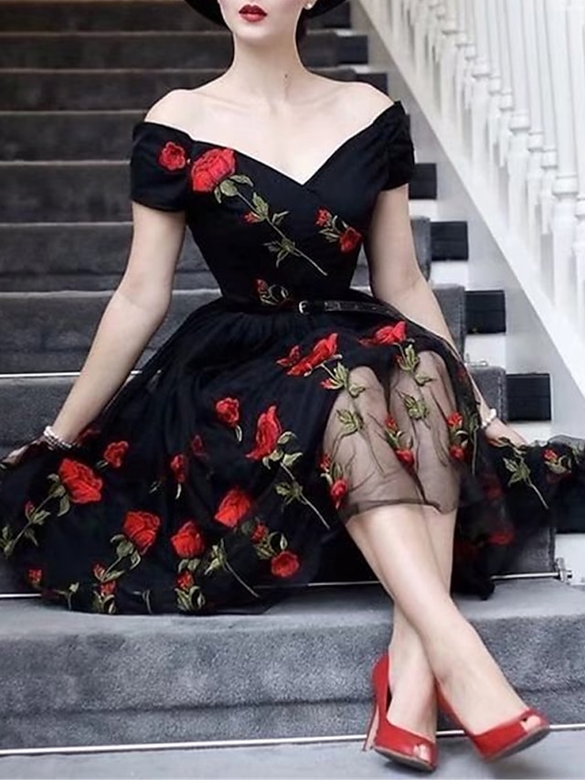  Damen Spitzenkleid Vintage-Kleid abendkleider Gitter Gitter Bestickt Schulterfrei Kurzarm Midikleid Elegant Vintage Schwarz Weiß Sommer Frühling