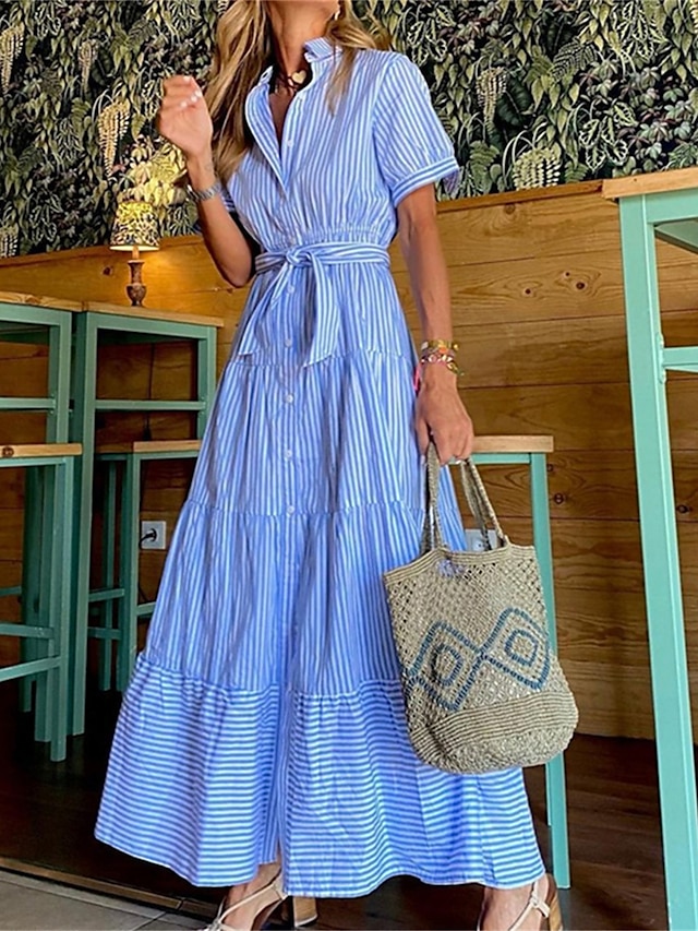  robe chemise femme robe décontractée rayure lacets volants col chemise robe longue robe maxi vacances manches courtes été printemps