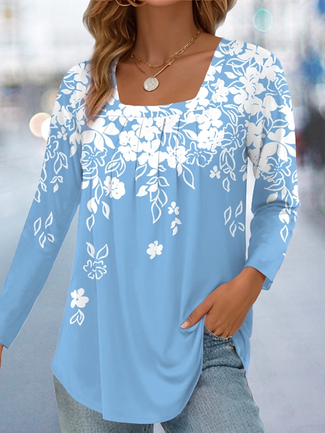 Femme T shirt Tee Floral Imprimer Casual Vacances Mode manche longue Col Carré Rose Claire Printemps & Automne