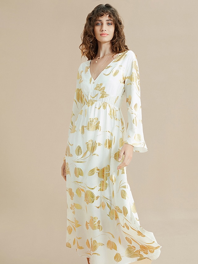  Chiffon Gold Foil Floral Print V Neck Midi Dress