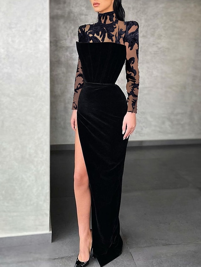  Ołówkowa / Kolumnowa Suknia wieczorowa Elegancja Sukienka Formalny Sięgająca podłoża Długi rękaw Wysoki Koronka z Rozcięciem 2024
