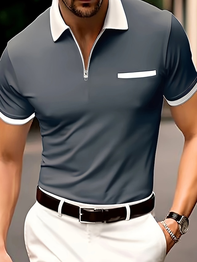  Men's Polo Shirt Zip Polo Outdoor Sports Lapel Quarter Zip Short Sleeve Fashion Modern Color Block Zipper Front Pocket Summer Regular Fit Gray Polo Shirt