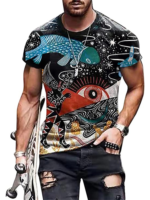  Herre Skjorte T-shirt T-Shirts Grafisk Tribal Rund hals A B C D E 3D-udskrivning Plusstørrelser Afslappet Daglig Kortærmet Tøj Årgang Designer Etnisk Stil Basale