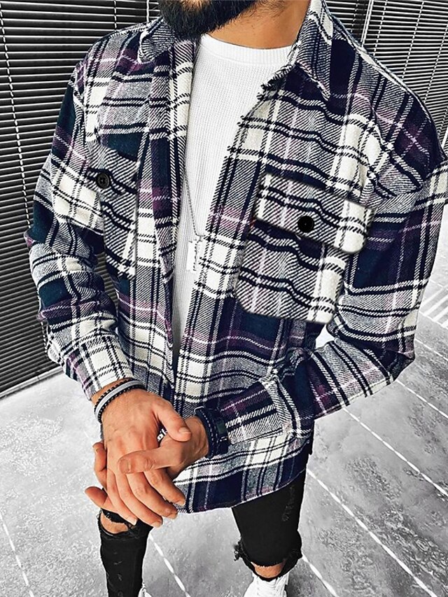 Men's Shirt Overshirt Shirt Jacket Plaid Check Turndown Black / White Long Sleeve main image 1