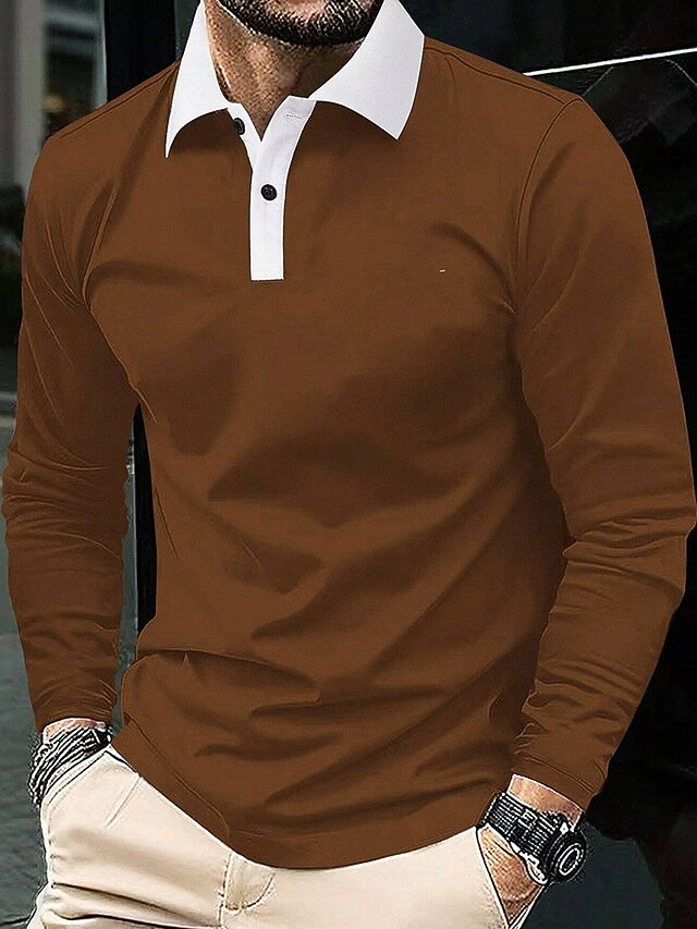 Men's Polo Shirt Button Up Polos Work Casual Lapel Long Sleeve Fashion