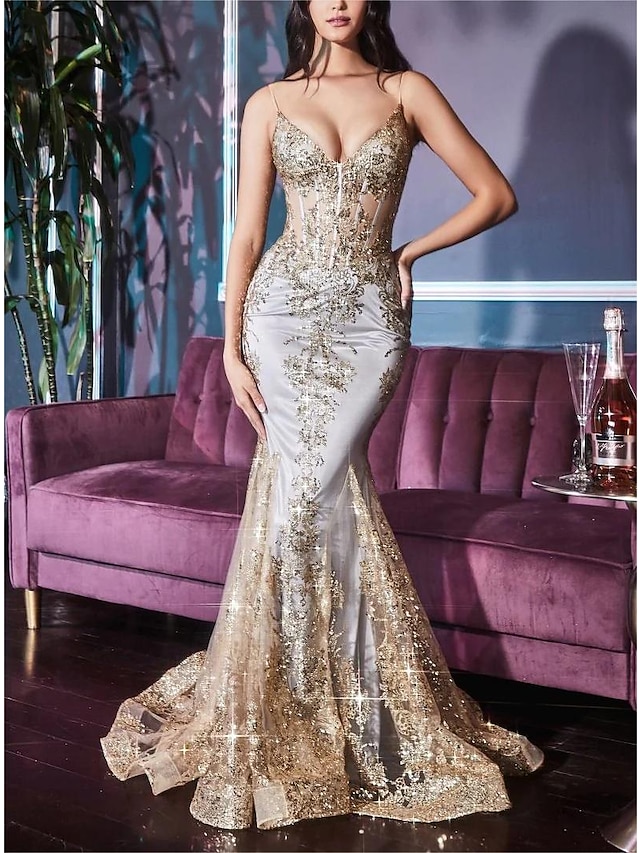  Mermaid / Trumpet Prom Dresses Celebrity Style Dress Graduation Prom Court Train Sleeveless V Neck Lace with Glitter Crystals Sequin 2024