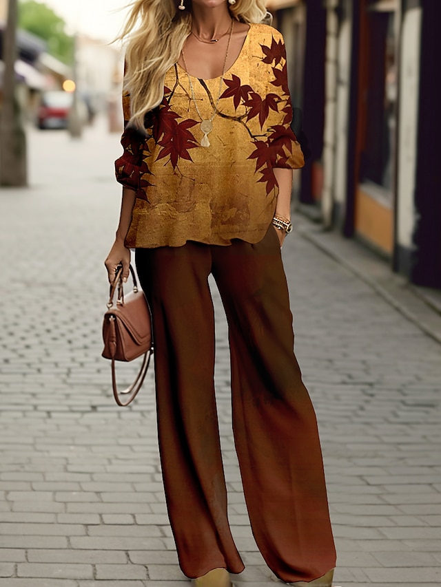  Damen T Shirt Hosen-Sets Blätter Outdoor Casual Bedruckt Gelb Langarm Sport Täglich V Ausschnitt Frühling & Herbst