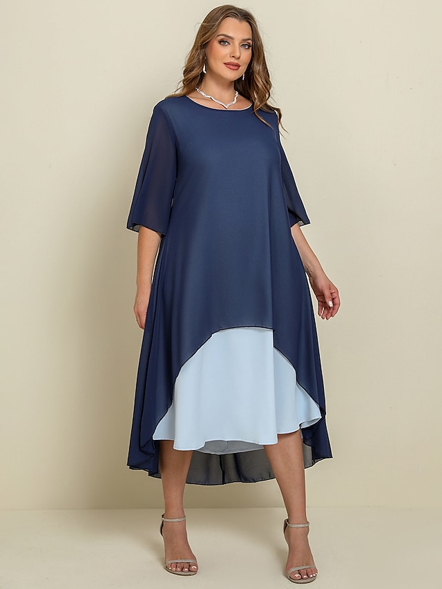  Women‘s Plus Size Curve Casual Dress Work Dress Chiffon Dress Plain Long Dress Maxi Dress Half Sleeve Layered Plus High Low Crew Neck Elegant Outdoor Blue Summer Spring Wedding Guest Dress