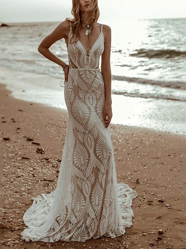  Παραλία / Προορισμός Βίντατζ Ανοικτή Πλάτη Φορεματα για γαμο Τρομπέτα / Γοργόνα Καμιζόλα Λαιμόκοψη V Αμάνικο Ουρά Σιφόν Νυφικά φορέματα Με Πλισέ Μονόχρωμη 2024