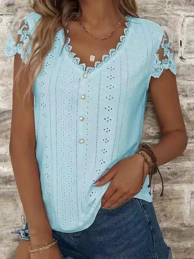  Shirt Lace Shirt Blouse Eyelet top Women's Blue Solid Color Lace Beaded Street Daily Fashion V Neck S