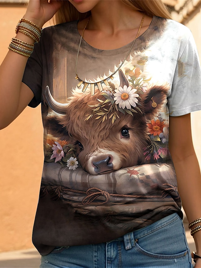  Women's T shirt Tee Animal Daily Weekend Print Yellow Short Sleeve Fashion Funny Round Neck Summer