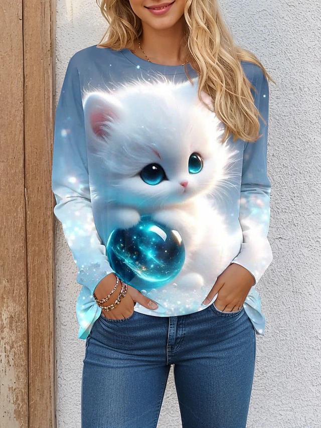 Women's T shirt Crew Neck Long Sleeve Tunic Cat 3D Funny Round Neck Regular Tops Daily Weekend Print Light Green Navy Blue Blue Green Spring & Fall 5