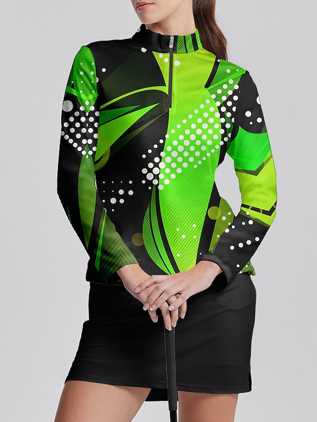  Dam Vandringspolotröja Grön Långärmad Solskydd Överdelar Prickig Höst Vinter Golfkläder för damer Kläder Outfits Bär kläder