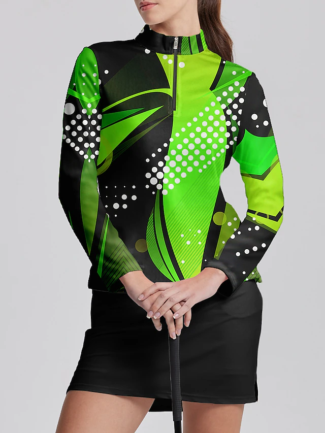 Women's Golf Polo Shirt Green Long Sleeve Sun Protection Top Polka Dot Fall Winter Ladies Golf Attire Clothes Outfits Wear Apparel 7