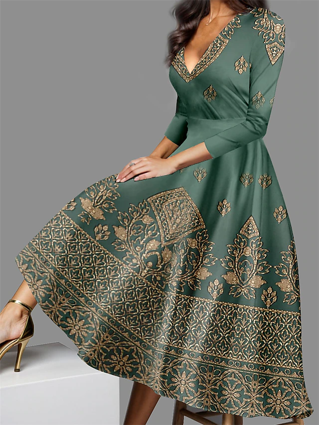 Women's Midi Dress Vintage Dress Casual Dress Winter Dress Swing Dress Vintage Ethnic Tribal Formal Vacation Party Regular Fit Tribal 3/4 Length Sleeve V Neck Blue Purple Green Fall Winter4