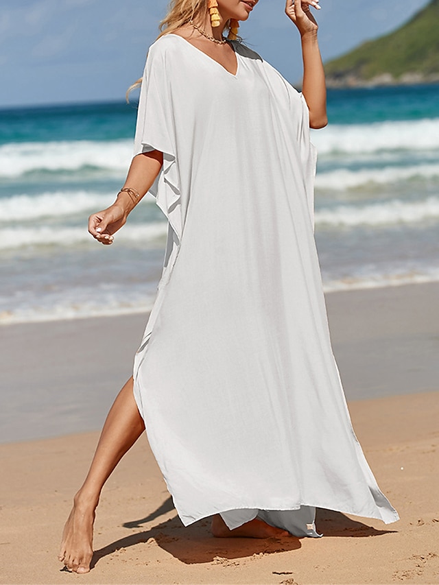  Damen Weißes Kleid kleid lang Gespleisst Verabredung Urlaub Strand Maxi Basic V Ausschnitt Halbe Ärmel Schwarz Weiß Gelb Farbe