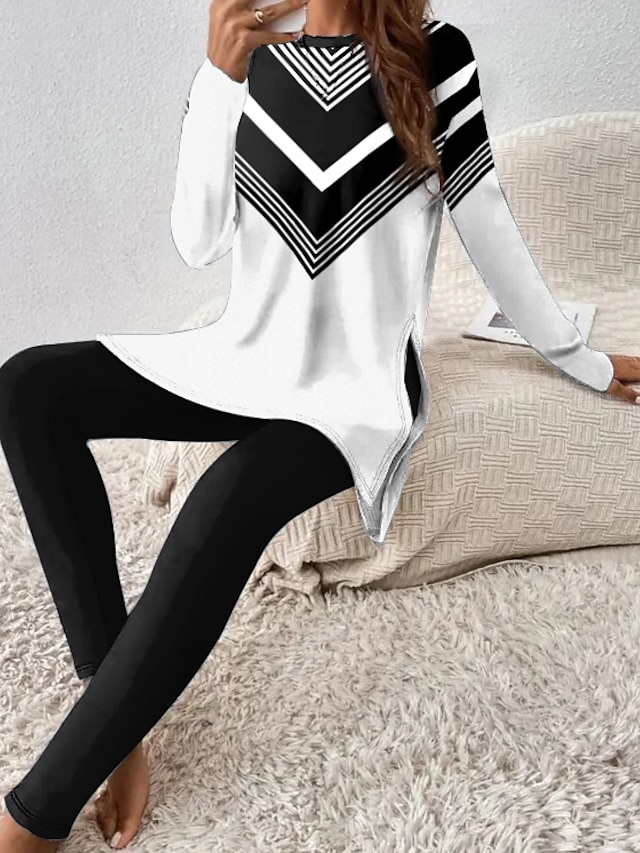  Damen T Shirt Hosen-Sets Gestreift Outdoor Casual Bedruckt Weiß Langarm Sport Täglich Rundhalsausschnitt Frühling & Herbst