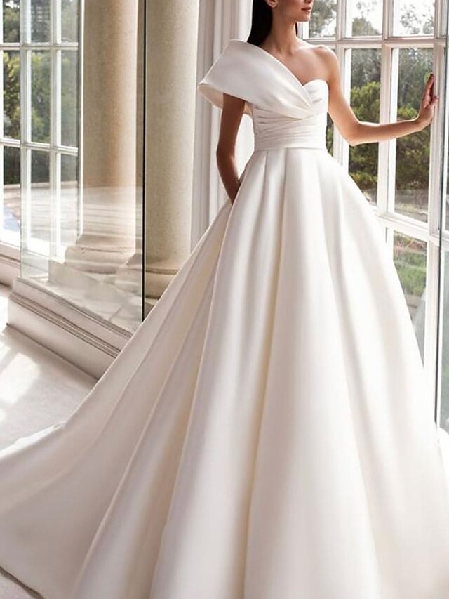  Hall Formal Wedding Dresses A-Line One Shoulder Sleeveless Sweep / Brush Train Satin Bridal Gowns With Ruched 2024