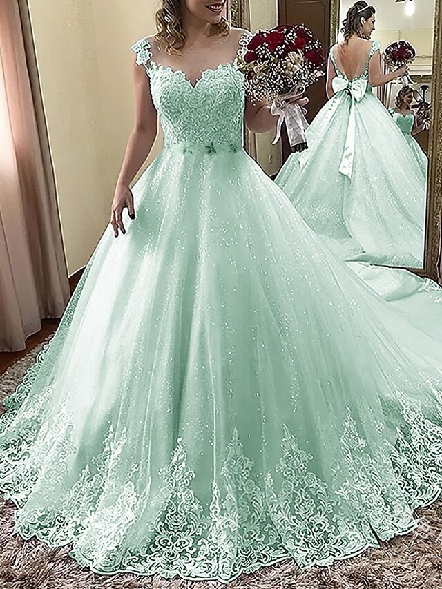 Engagement Formal Wedding Dresses Mermaid / Trumpet V Neck Cap Sleeve Court Train Lace Bridal Gowns With Buttons Appliques