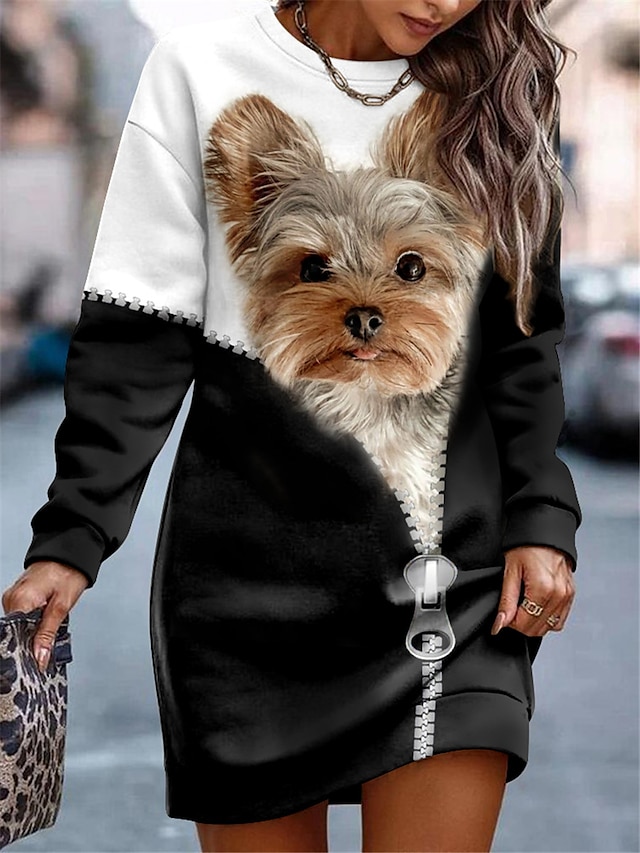  女性用 スウェットシャツドレス カジュアルドレス ミニドレス 活発的 ファッション アウトドア お出かけ 週末 クルーネック プリント 動物 犬 ルーズフィット ブラック ブルー パープル S M L XL XXL