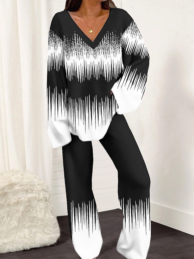  Damen-Pyjama-Sets mit geometrischem Blumenmuster, modisch, weich, für den Alltag, Polyester, atmungsaktiv, V-Ausschnitt, langärmelige Hose, Frühlings-Home-Outfits