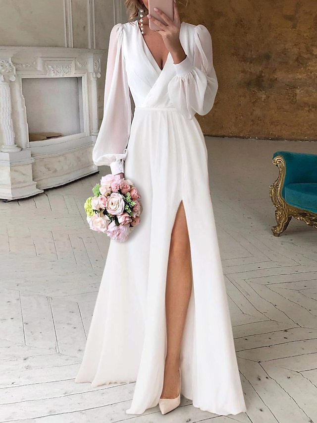  reception små hvide kjoler enkle brudekjoler a-line v-hals langærmet gulvlængde chiffon brudekjoler med ruched