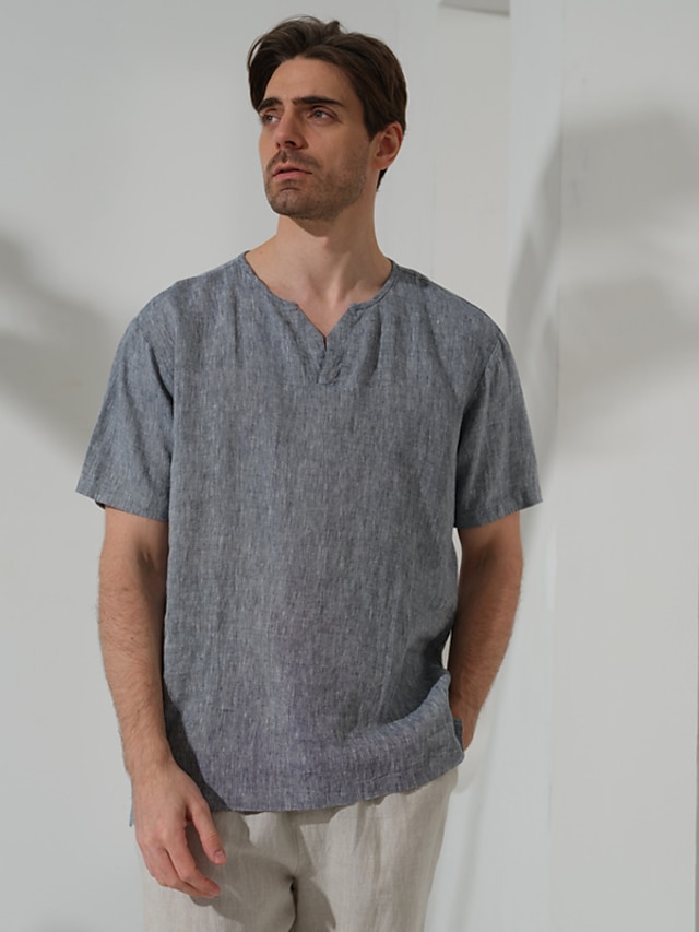  100% Linen Men's Shirt Linen Shirt White Gray Short Sleeve Plain V Neck Summer Outdoor Daily Clothing Apparel