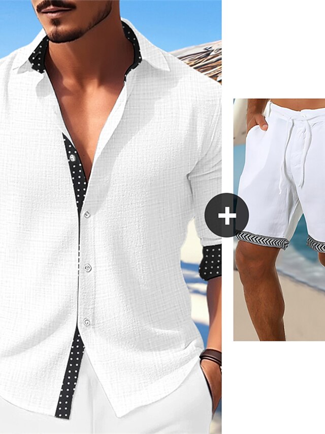 Men's Shirt Linen Shirt Shirt Set Button Up Shirt Shorts Sets White