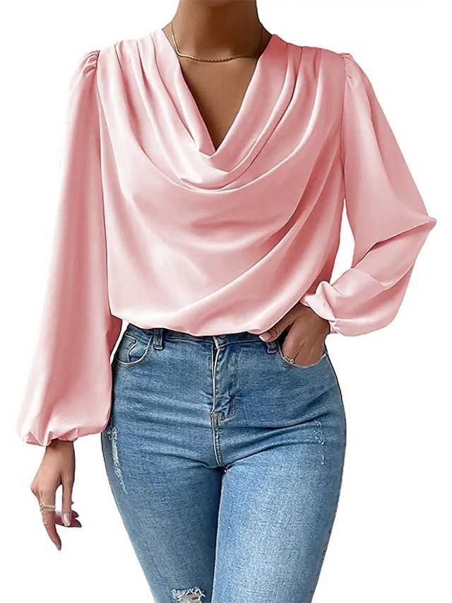  T shirt Tee Women's Black White Pink Plain Casual Fashion V Neck Regular Fit Puff Sleeve S