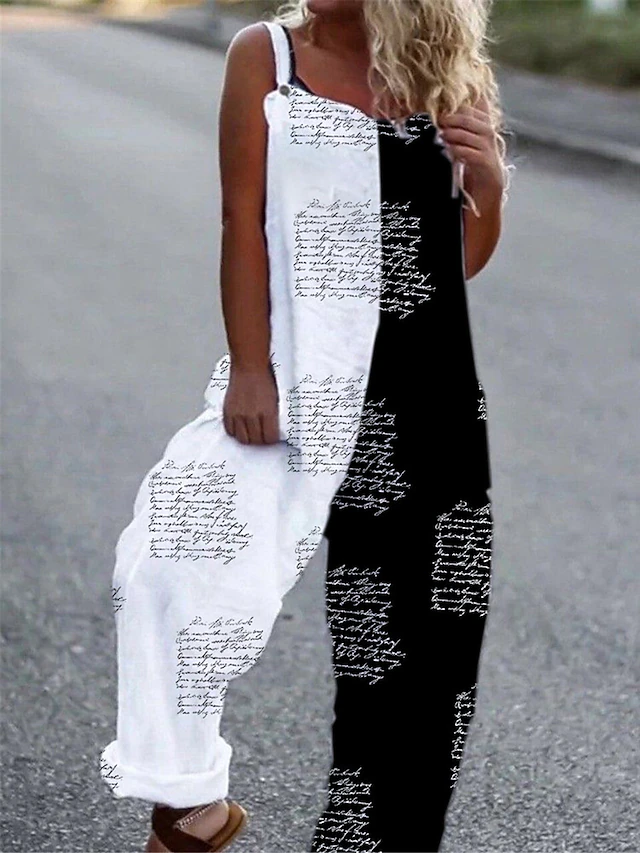 Women's Normal Overall Streetwear Letter Sleeveless Square Neck Print Street Daily Regular Fit Black Summer4
