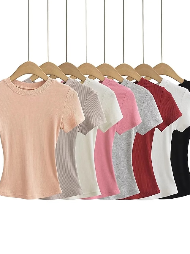  T Shirt Damen Schwarz Weiß Rosa Feste Farbe Grundlegend Täglich Täglich Skims Rundhalsausschnitt Dünn S
