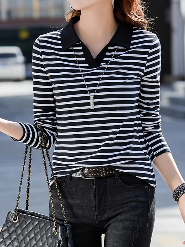 Women's Polo T Shirt Striped Fashion Long Sleeve Shirt Collar Regular Tops Daily Weekend Print Black Red Blue Fall & Winter 7