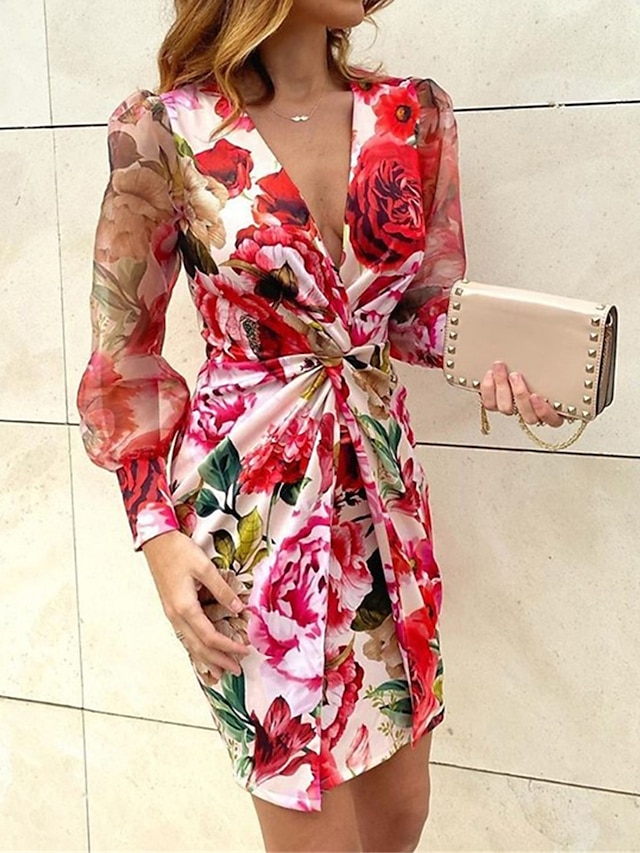  Dámské Šaty na párty Koktejlky Šaty pro svatební hosty Kroucený Tisk Do V Dlouhý rukáv Květinový Mini šaty Svatební host Narozeniny Elegantní Černá Rubínově červená Léto Jaro