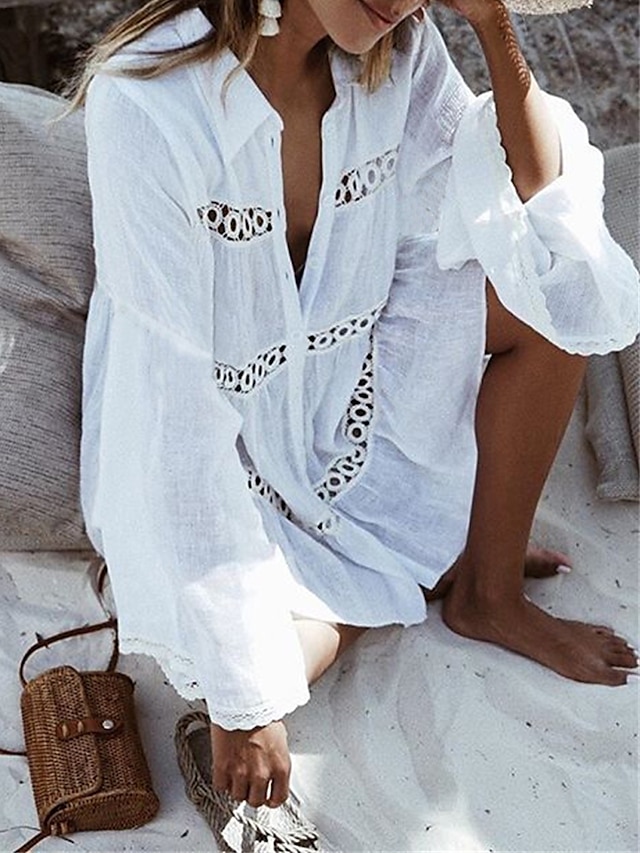  Women's White Dress Mini Dress Cotton Ruffle Button Vacation Beach Streetwear Shirt Collar Long Sleeve White Color