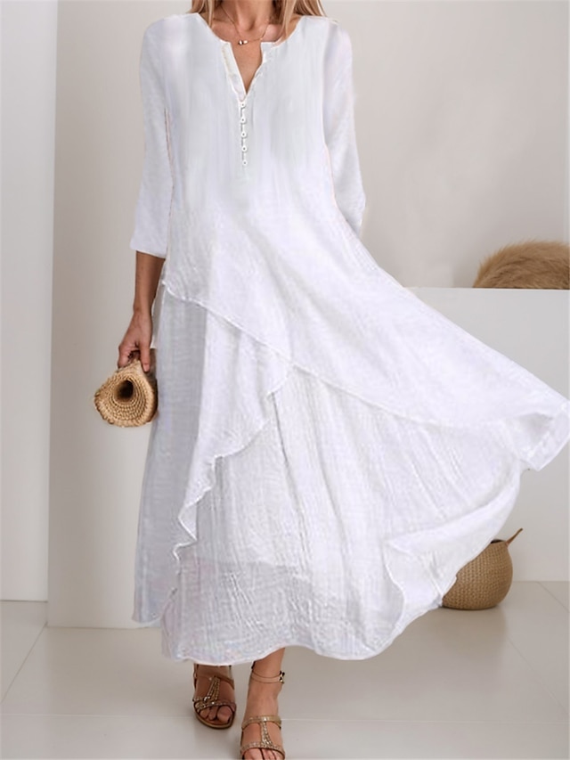  Women's White Cotton Linen Maxi Dress Sundress Swing Dress V-Neck Button 3/4 Sleeve Layered Loose Fit Casual Summer Spring 2024