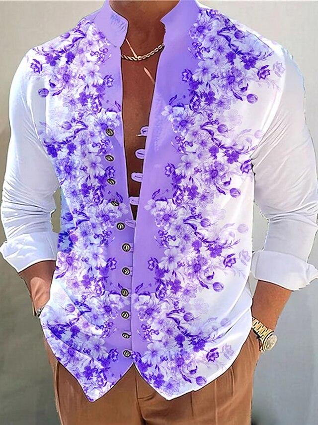 Voor heren Bloemig Overhemd Overhemd met knopen Lange mouw Casual Alledaagse kleding Uitgaan Weekend Lente zomer Opstaande boord Afdrukken Button-omlaag Geel Blozend Roze blauw Paars