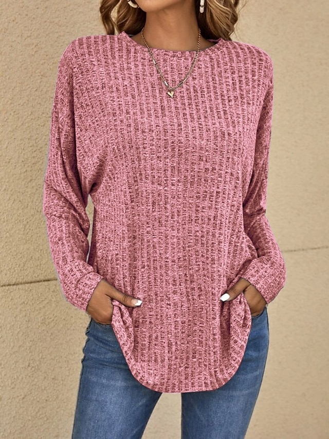  Women's Pullover Sweater Jumper Crew Neck Ribbed Knit Polyester Oversized Spring Fall Outdoor Valentine's Day Daily Stylish Casual Soft Long Sleeve Solid Color Black Pink Royal Blue S M L